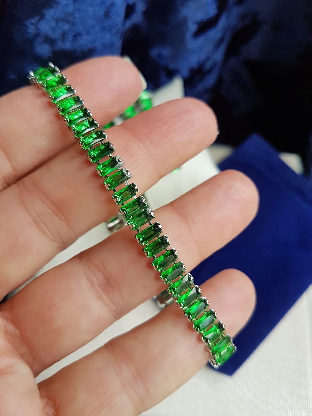 Swarovski Elements Silver Emerald Green Emerald-cut Baguette Tennis Bracelet NEW